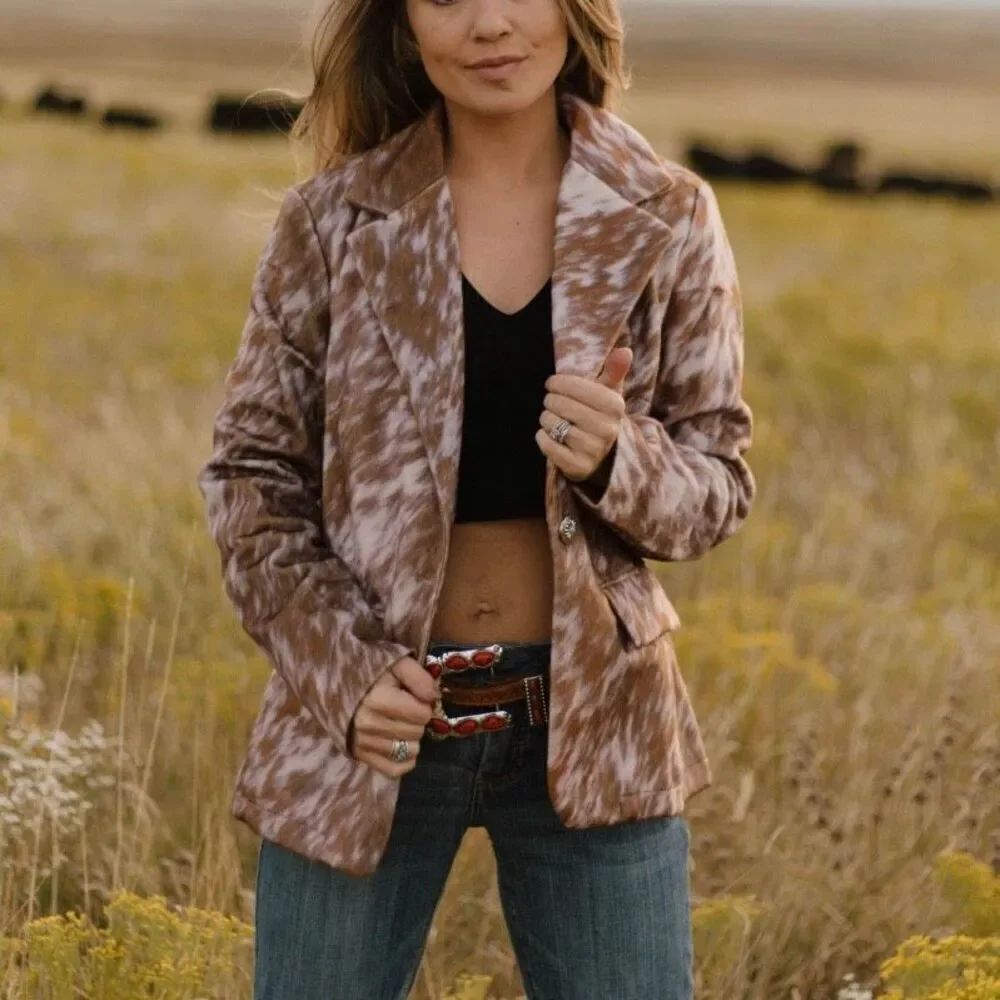 Rustic Chic: Cow Print Blazer - Western Faux Hide Casual Jacket New